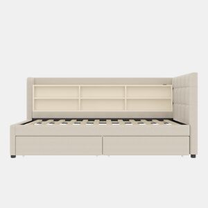 Sofá-cama 90x200 cm - com 2 gavetas, USB + Tipo C, compartimentos, com estrado - Bege