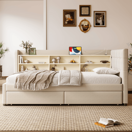 Sofá-cama 90x200 cm - com 2 gavetas, USB + Tipo C, compartimentos, com estrado - Bege