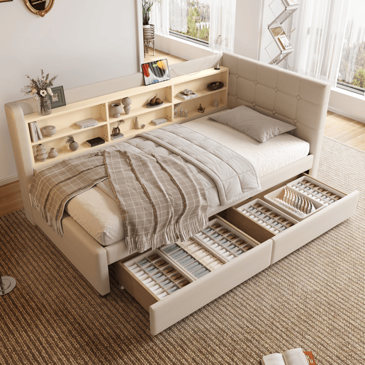 Sofá-cama 90x200 cm - com 2 gavetas, USB + Tipo C, compartimentos, com estrado - Bege