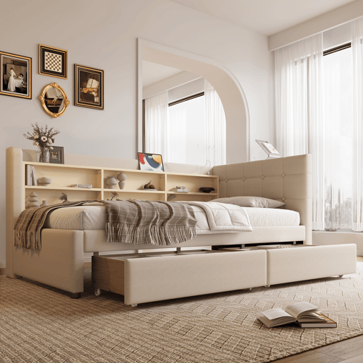 Sofá-cama 90x200 cm - com 2 gavetas, USB + Tipo C, compartimentos, com estrado - Bege
