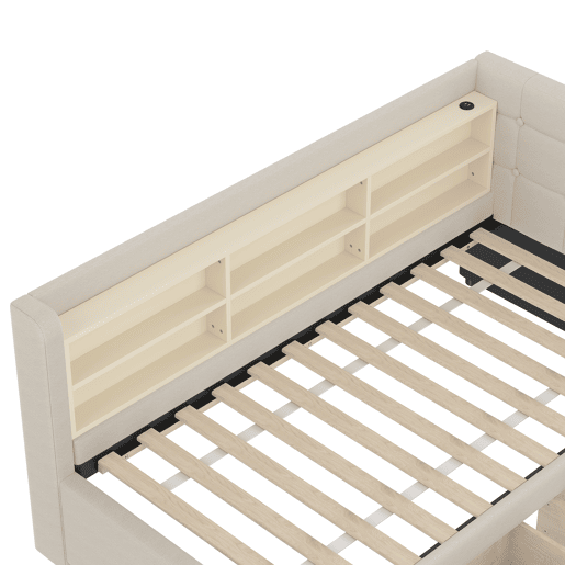 Sofá-cama 90x200 cm - com 2 gavetas, USB + Tipo C, compartimentos, com estrado - Bege