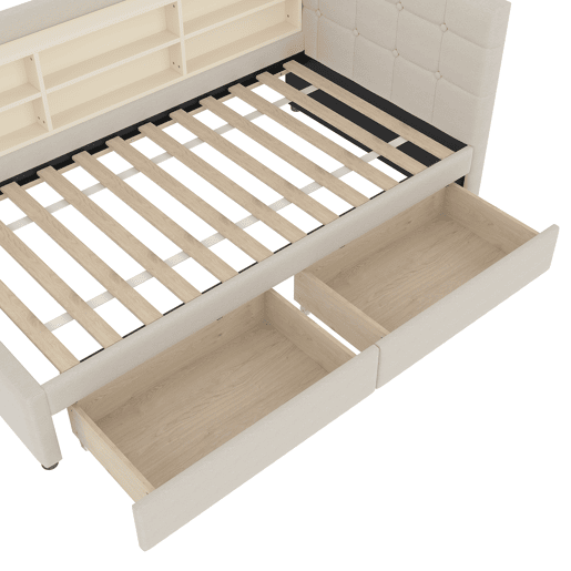 Sofá-cama 90x200 cm - com 2 gavetas, USB + Tipo C, compartimentos, com estrado - Bege