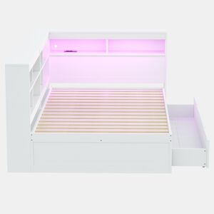 Sofá-cama 140 x 200 cm - com gavetas grandes, USB, LED, prateleiras e compartimentos, muito espaço de arrumação - Branco