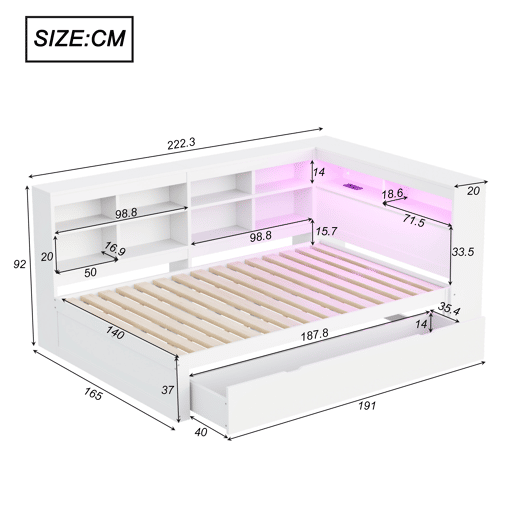 Sofá-cama 140 x 200 cm - com gavetas grandes, USB, LED, prateleiras e compartimentos, muito espaço de arrumação - Branco