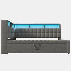 Cama individual 90x200 - com cama extra, LED, altifalante Bluetooth, USBType-C, prateleira - Cinza