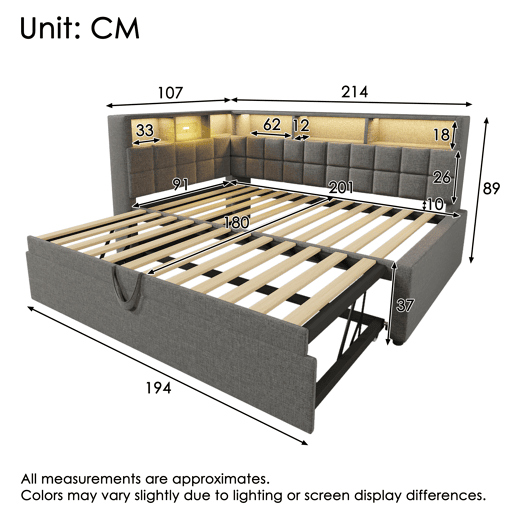 Cama individual 90x200 - com cama extra, LED, altifalante Bluetooth, USBType-C, prateleira - Cinza Cama individual 90x200 - com cama extra, LED, altifalante Bluetooth, USBType-C, prateleira - Cinza