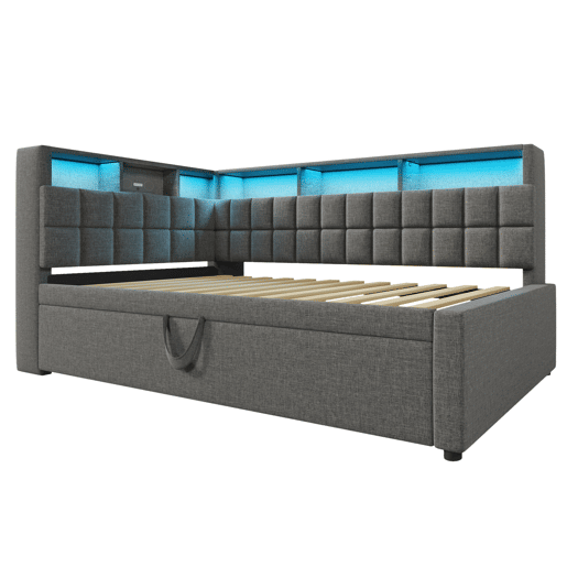 Cama individual 90x200 - com cama extra, LED, altifalante Bluetooth, USBType-C, prateleira - Cinza Cama individual 90x200 - com cama extra, LED, altifalante Bluetooth, USBType-C, prateleira - Cinza