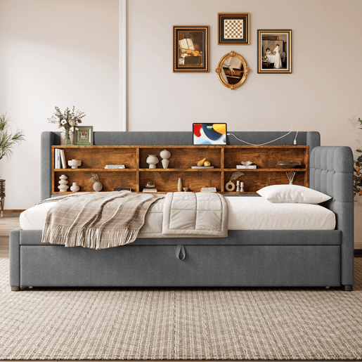 Sofá-cama 90x200 cm - Design multifuncional, USB + Tipo C, várias superfícies de armazenamento - Cinza