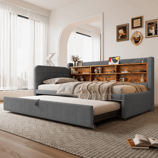 Sofá-cama 90x200 cm - Design multifuncional, USB + Tipo C, várias superfícies de armazenamento - Cinza