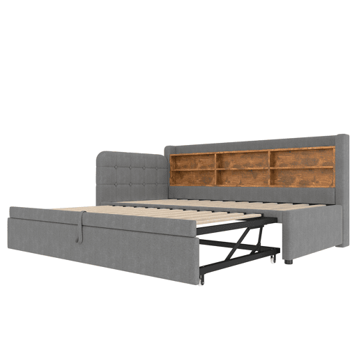 Sofá-cama 90x200 cm - Design multifuncional, USB + Tipo C, várias superfícies de armazenamento - Cinza