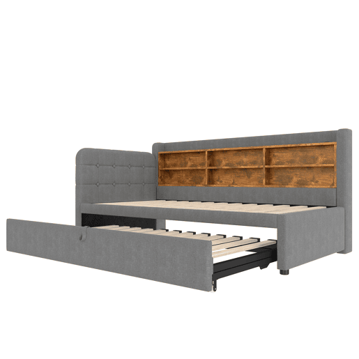 Sofá-cama 90x200 cm - Design multifuncional, USB + Tipo C, várias superfícies de armazenamento - Cinza
