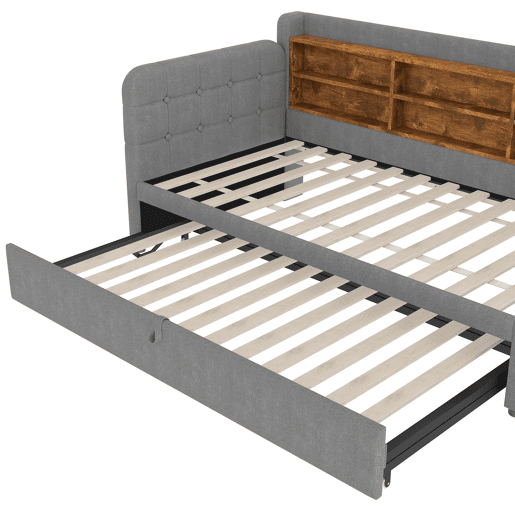 Sofá-cama 90x200 cm - Design multifuncional, USB + Tipo C, várias superfícies de armazenamento - Cinza