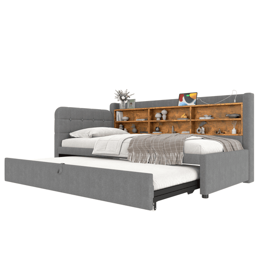 Sofá-cama 90x200 cm - Design multifuncional, USB + Tipo C, várias superfícies de armazenamento - Cinza