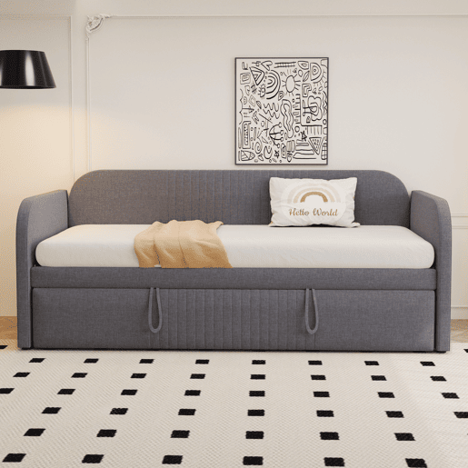 Sofá-cama 90180*190 cm - Com riscas verticais, com estrado, multifuncional, linho, cinzento