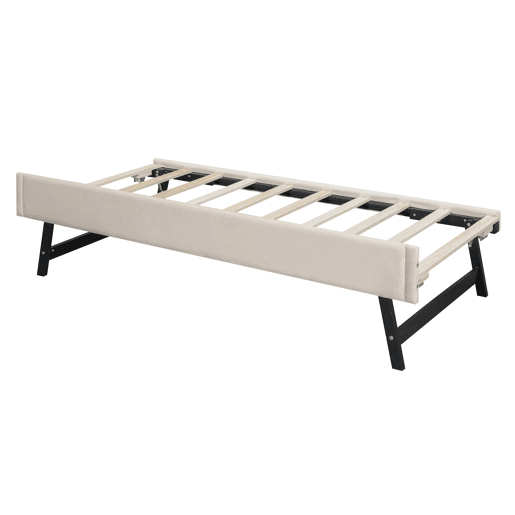 Cama individual 90x200cm em veludo - com cama de rodízio - com estrado de ripas - Bege (colchão não incluído)