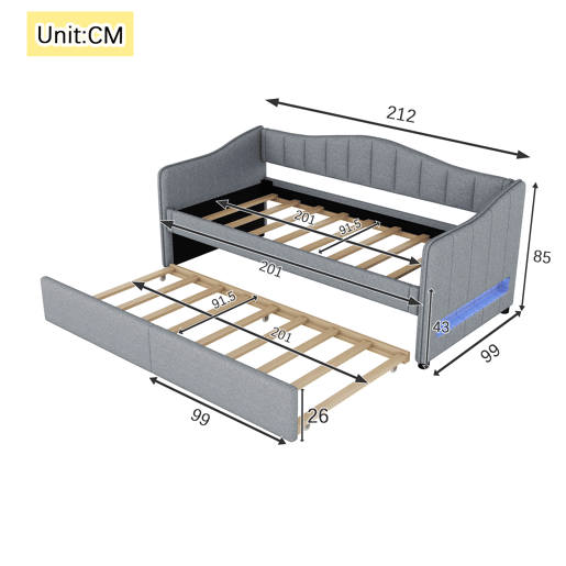 Cama de dia 90x200 cm - Cama extensível, sofá-cama, sem colchão, luz ambiente, linho - Cinza