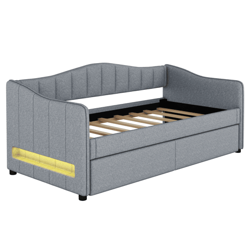 Cama de dia 90x200 cm - Cama extensível, sofá-cama, sem colchão, luz ambiente, linho - Cinza