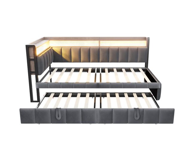 Sofá cama 90x200 cm - con cama extraíble, iluminación led, puertos usb y tipo-c - gris oscuro