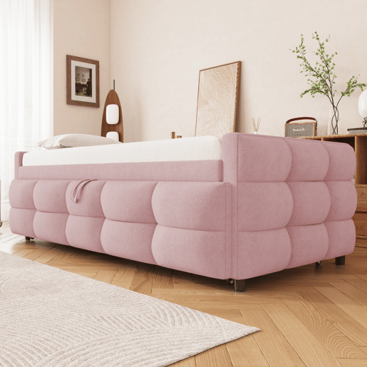 Sofá-cama 90180x190 cm - Puffbett, com estrado de ripas, multifuncional, rosa