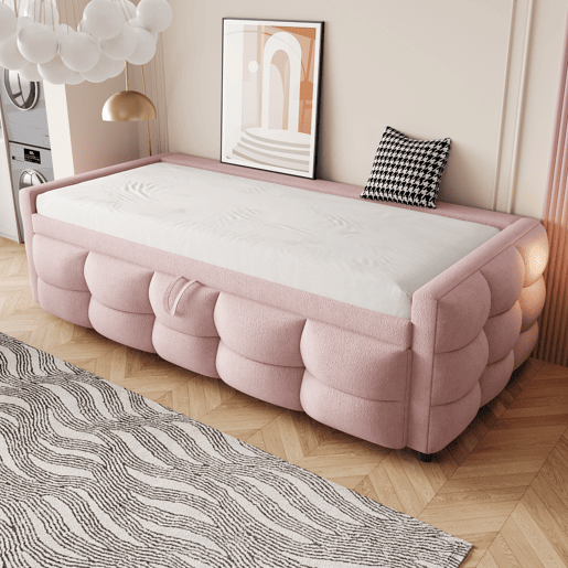 Sofá-cama 90180x190 cm - Puffbett, com estrado de ripas, multifuncional, rosa