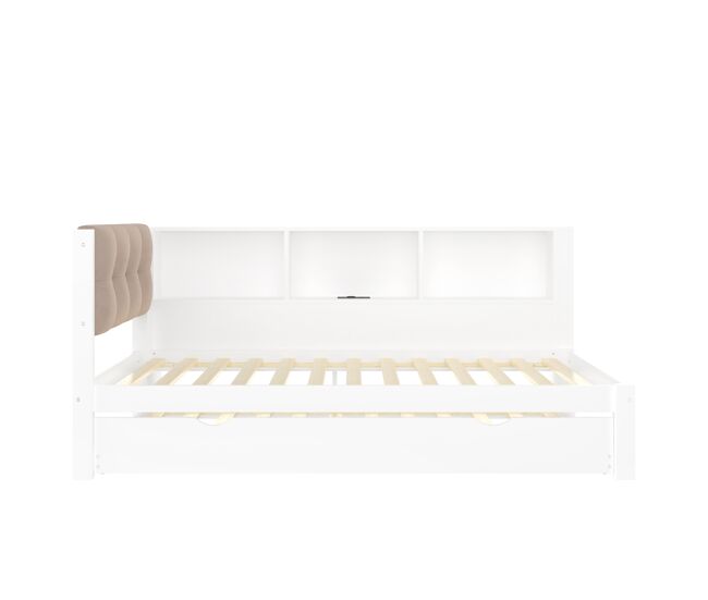 Cama tipo daybed 90x200cm - sofá cama, cama extraíble, led dimmable, estante, usb - blanco