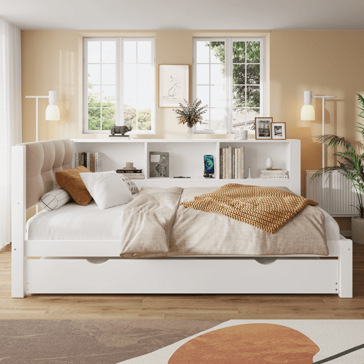 Cama tipo sofá-cama 90x200cm - Sofá-cama, cama extraível, LED regulável, prateleira, USB - Branco