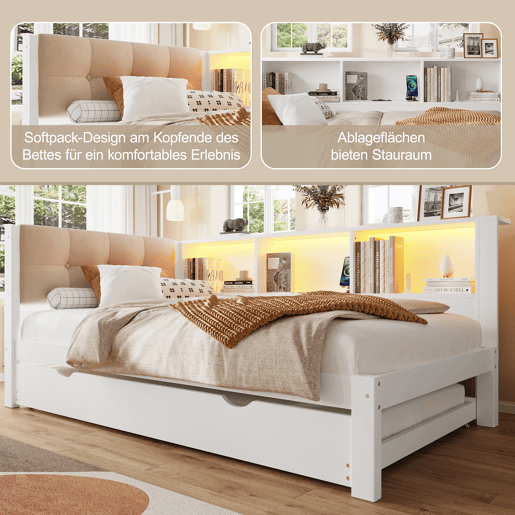 Cama tipo sofá-cama 90x200cm - Sofá-cama, cama extraível, LED regulável, prateleira, USB - Branco