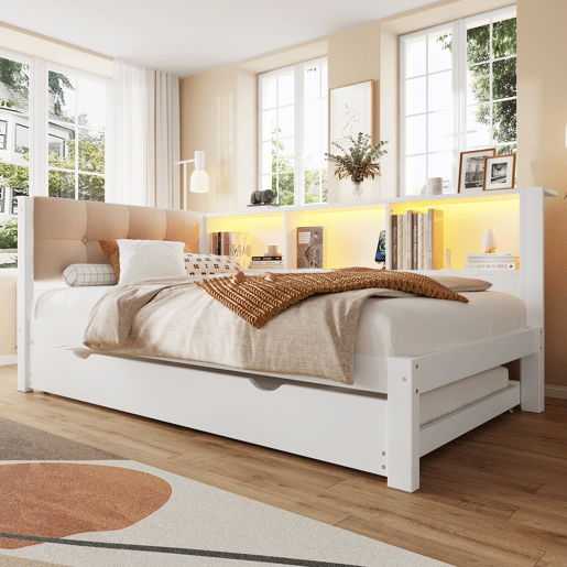 Cama tipo sofá-cama 90x200cm - Sofá-cama, cama extraível, LED regulável, prateleira, USB - Branco