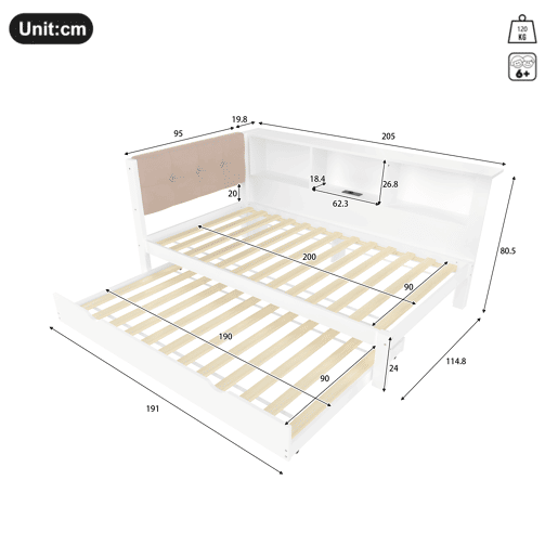 Cama tipo sofá-cama 90x200cm - Sofá-cama, cama extraível, LED regulável, prateleira, USB - Branco