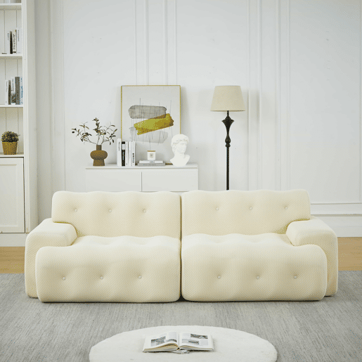 Sofá de 2 lugares grande - braços largos, design moderno com botões, formato curvo, sem montagem - bege