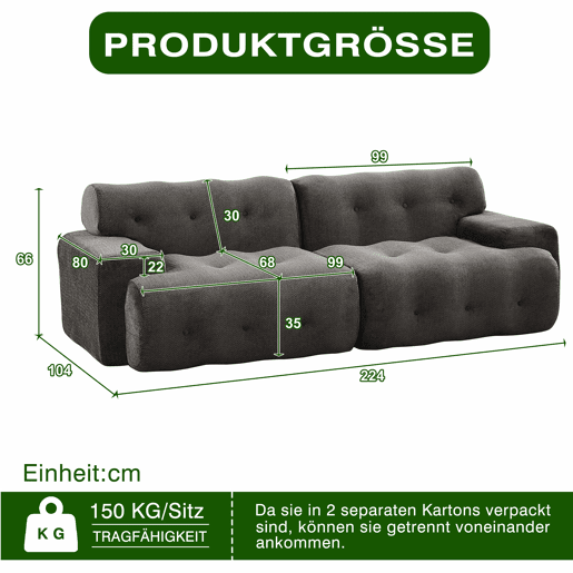 Sofá de 2 lugares - design moderno curvo com braços largos e estofamento com botões, sem montagem - cinzento