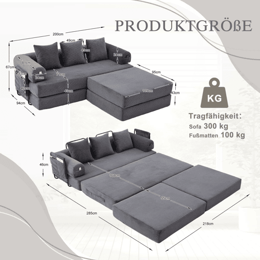Sofá modular de 3 lugares - com pufe, estrutura em metal, 3 almofadas confortáveis, almofada de espuma densa - cor cinzenta escura