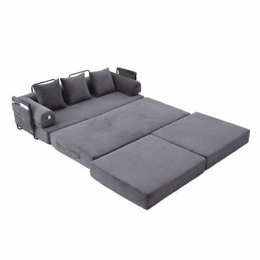 Sofá modular de 3 lugares - com pufe, estrutura em metal, 3 almofadas confortáveis, almofada de espuma densa - cor cinzenta escura
