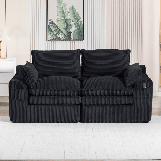 Sofá modular de veludo cotelê de 2 lugares - almofadas incluídas, bolsos laterais de dois tamanhos, espuma de 3 camadas + núcleo de molas, recuperação rápida, sala de estar e escritório - preto