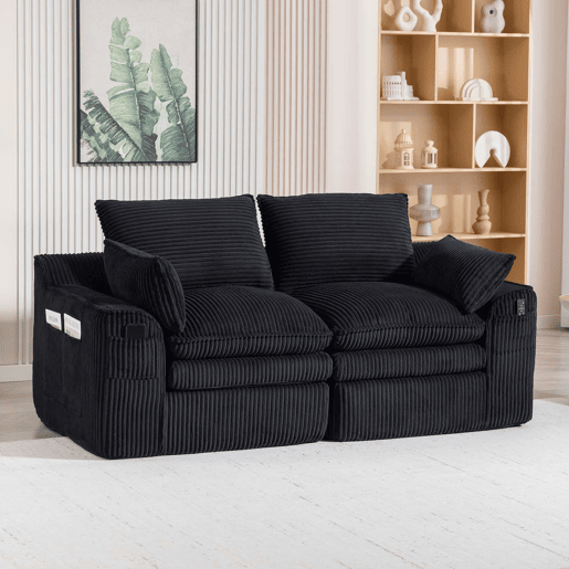 Sofá modular de veludo cotelê de 2 lugares - almofadas incluídas, bolsos laterais de dois tamanhos, espuma de 3 camadas + núcleo de molas, recuperação rápida, sala de estar e escritório - preto