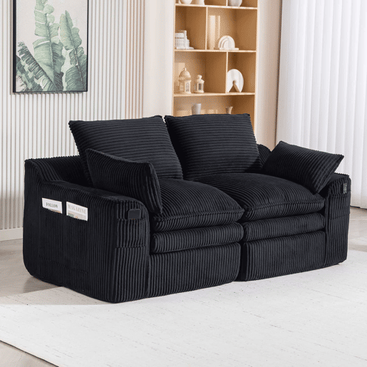 Sofá modular de veludo cotelê de 2 lugares - almofadas incluídas, bolsos laterais de dois tamanhos, espuma de 3 camadas + núcleo de molas, recuperação rápida, sala de estar e escritório - preto