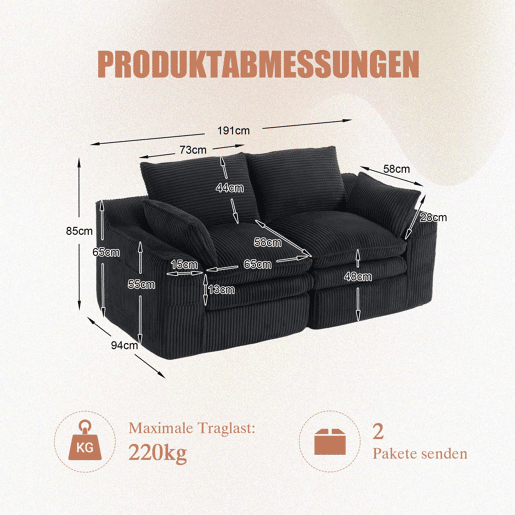 Sofá modular de veludo cotelê de 2 lugares - almofadas incluídas, bolsos laterais de dois tamanhos, espuma de 3 camadas + núcleo de molas, recuperação rápida, sala de estar e escritório - preto
