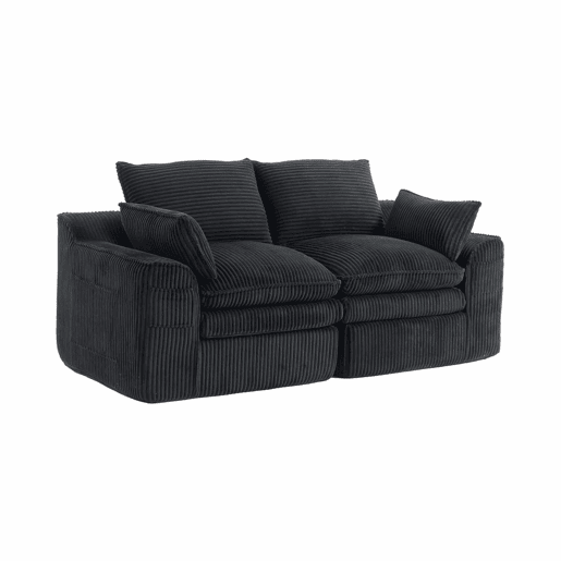 Sofá modular de veludo cotelê de 2 lugares - almofadas incluídas, bolsos laterais de dois tamanhos, espuma de 3 camadas + núcleo de molas, recuperação rápida, sala de estar e escritório - preto