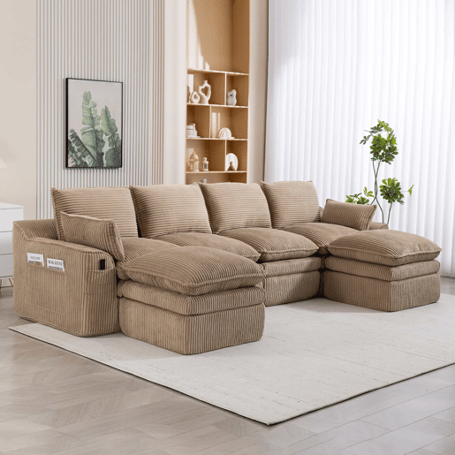 Sofá modular de 4 lugares - Com 2 pufes, almofadas e 2 bolsos laterais, espuma de 3 camadas + molas para recuperação rápida - cor cáqui