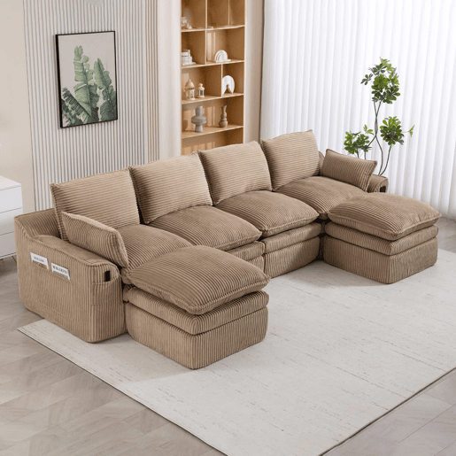 Sofá modular de 4 lugares - Com 2 pufes, almofadas e 2 bolsos laterais, espuma de 3 camadas + molas para recuperação rápida - cor cáqui