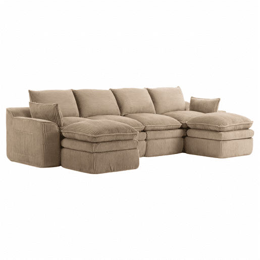 Sofá modular de 4 lugares - Com 2 pufes, almofadas e 2 bolsos laterais, espuma de 3 camadas + molas para recuperação rápida - cor cáqui