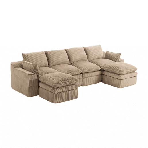 Sofá modular de 4 lugares - Com 2 pufes, almofadas e 2 bolsos laterais, espuma de 3 camadas + molas para recuperação rápida - cor cáqui