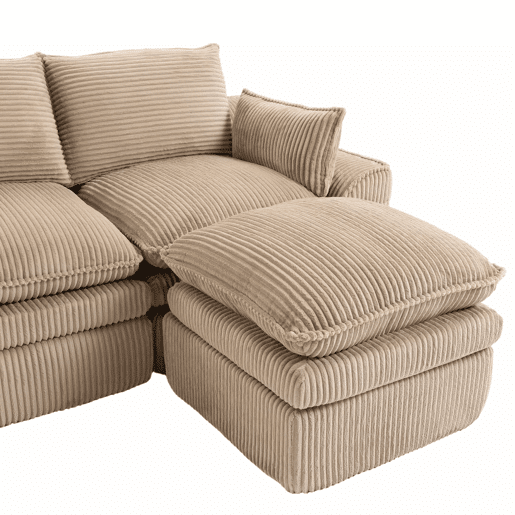 Sofá modular de 4 lugares - Com 2 pufes, almofadas e 2 bolsos laterais, espuma de 3 camadas + molas para recuperação rápida - cor cáqui