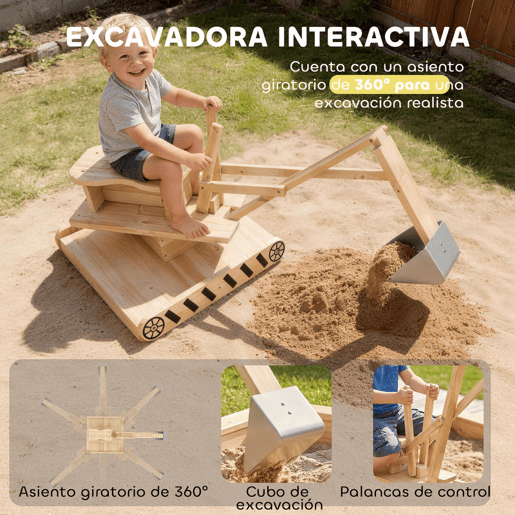 AIYAPLAY Tanque de Areia de Madeira para Crianças com Escavadora, Tanque de Areia Infantil com Assento Giratório 360° e Forro de Tecido Não Tecido, Sem Motor, Caixa de Areia para Crianças de 3-6 Anos, 184x90x56 cm, Natural