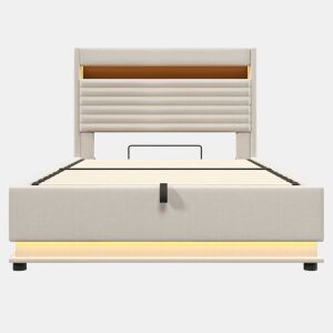 Cama estofada 140x200 cm - com carregamento USB Tipo C, iluminação LED, armazenamento hidráulico, baú rebatível, controlo por botãoaplicação, sem colchão - Bege