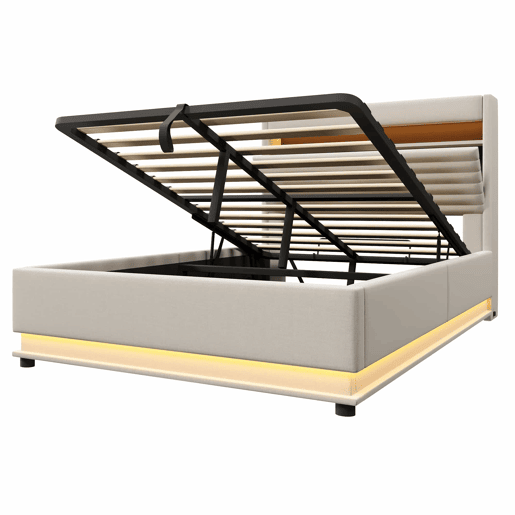 Cama estofada 140x200 cm - com carregamento USB Tipo C, iluminação LED, armazenamento hidráulico, baú rebatível, controlo por botãoaplicação, sem colchão - Bege