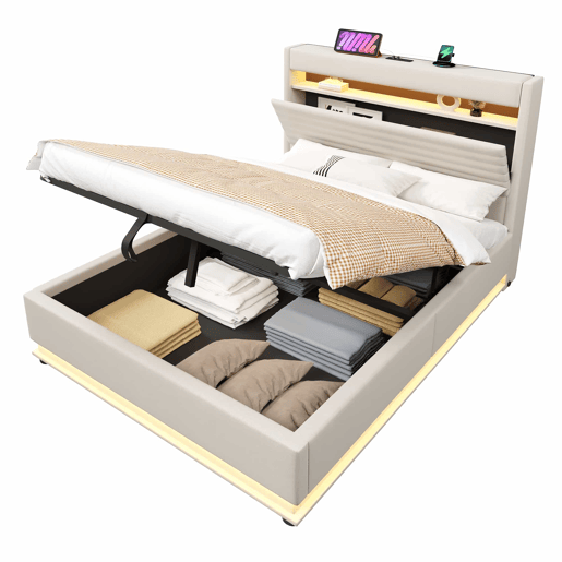 Cama estofada 140x200 cm - com carregamento USB Tipo C, iluminação LED, armazenamento hidráulico, baú rebatível, controlo por botãoaplicação, sem colchão - Bege
