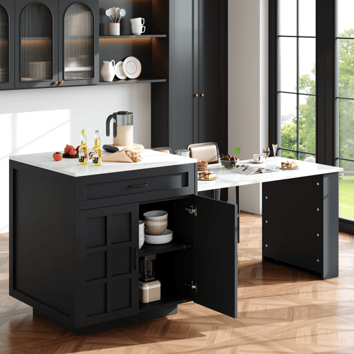 Mesa de bar extensível 133-202×70×93,5 cm - com duas gavetas e quatro prateleiras, mesa de cozinha extensível para 2-6 pessoas - Preto Mesa de bar extensível 133-202×70×93,5 cm - com duas gavetas e quatro prateleiras, mesa de cozinha extensível para 2-6 pessoas - Preto
