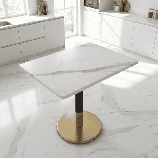 Mesa de jantar moderna retangular 80 x 60 cm - Mesa pequena com padrão em mármore branco e base em metal preto e dourado - para sala de jantar, cozinha e escritório