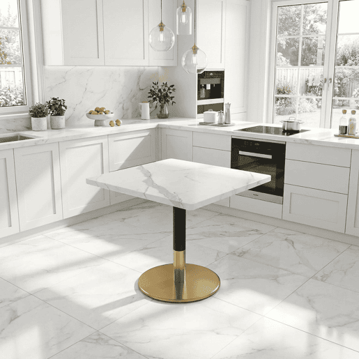 Mesa de jantar moderna retangular 80 x 60 cm - Mesa pequena com padrão em mármore branco e base em metal preto e dourado - para sala de jantar, cozinha e escritório